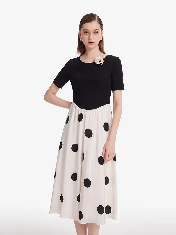 16 Momme Mulberry Silk Polka Dots Print Patchwork Women Midi Dress With Scrunchie And 3D Rose Clip