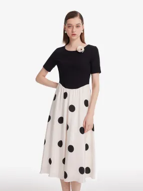 16 Momme Mulberry Silk Polka Dots Print Patchwork Women Midi Dress With Scrunchie And 3D Rose Clip