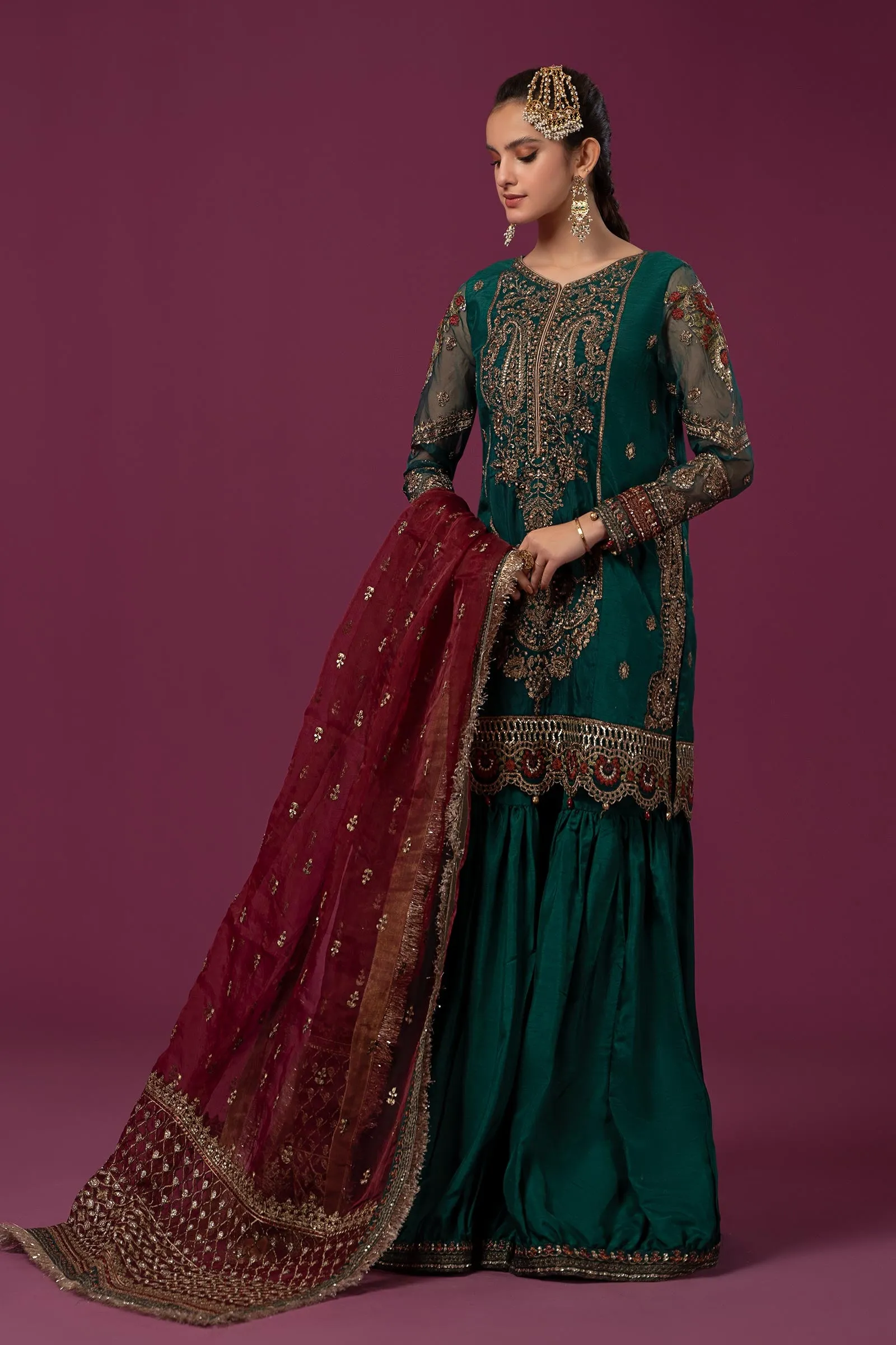3 Piece Embroidered Raw Silk Suit | SF-EF24-15