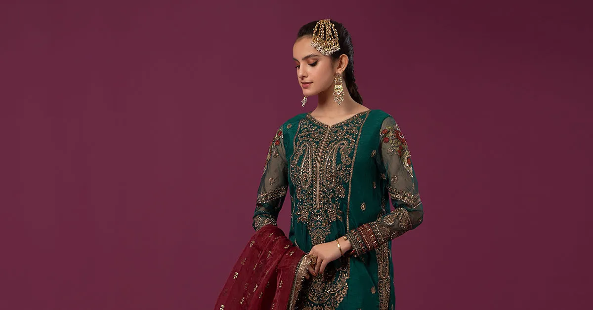 3 Piece Embroidered Raw Silk Suit | SF-EF24-15