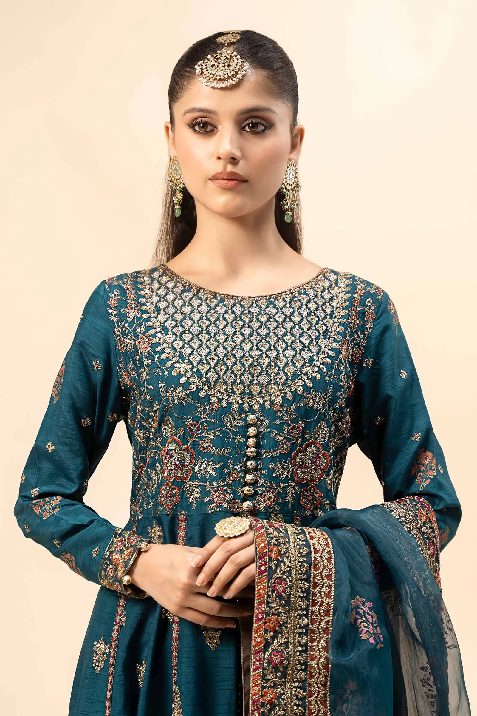 3 Piece Embroidered Raw Silk Suit | SF-W24-65