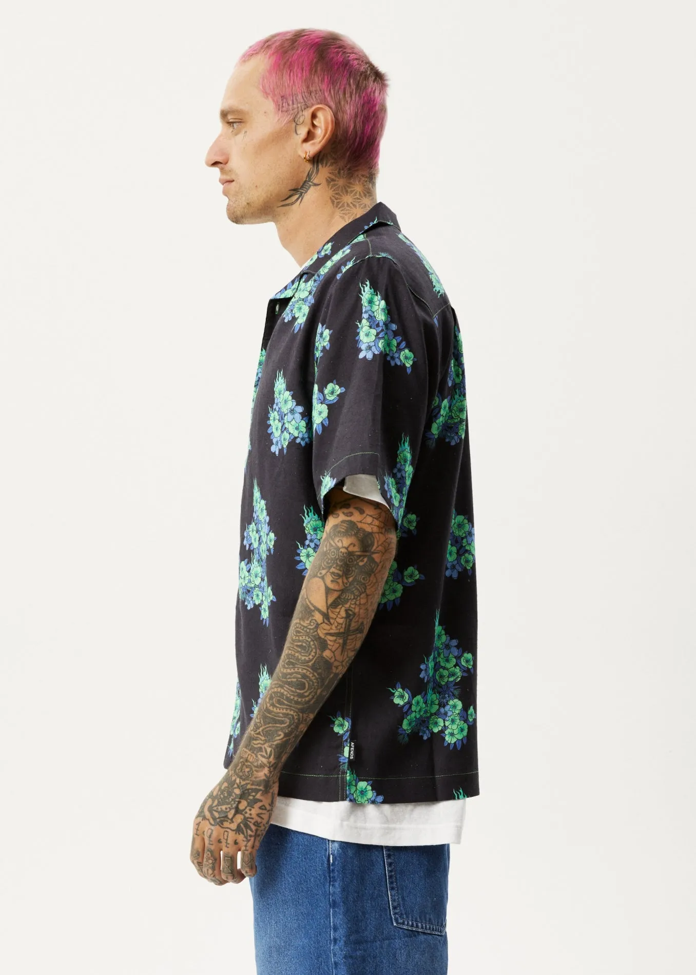 AFENDS Unisex House Of Darwin - Unisex Cuban Short Sleeve Shirt - Charcoal Floral