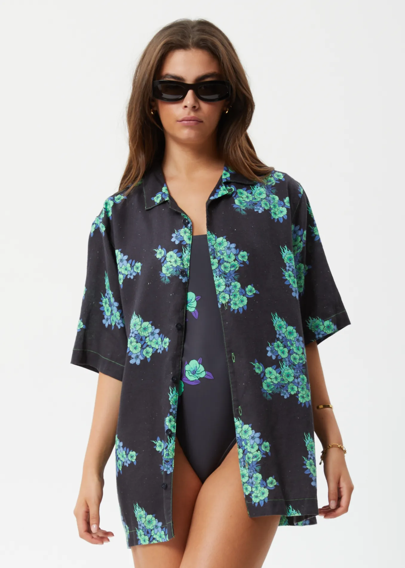 AFENDS Unisex House Of Darwin - Unisex Cuban Short Sleeve Shirt - Charcoal Floral