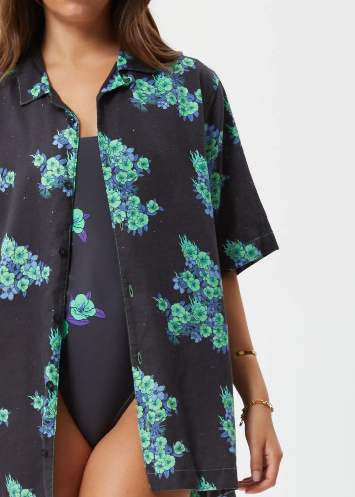 AFENDS Unisex House Of Darwin - Unisex Cuban Short Sleeve Shirt - Charcoal Floral