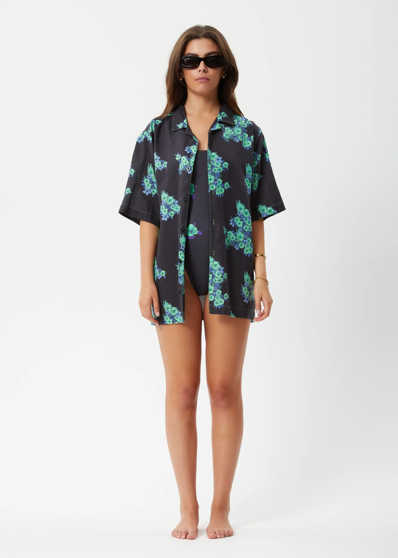 AFENDS Unisex House Of Darwin - Unisex Cuban Short Sleeve Shirt - Charcoal Floral