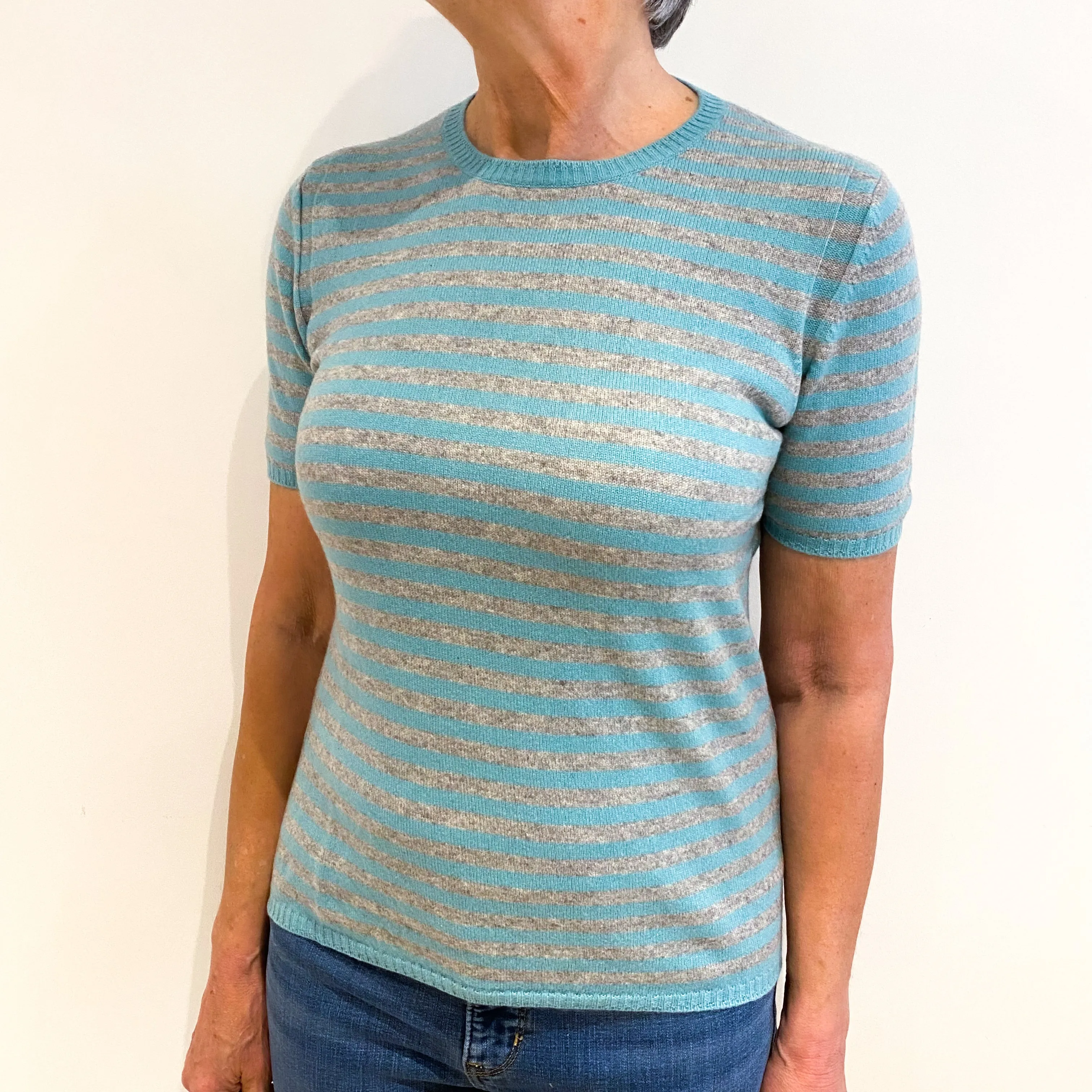 Aqua Grey Stripe Cashmere Short Sleeve Crew Neck Jumper Medium