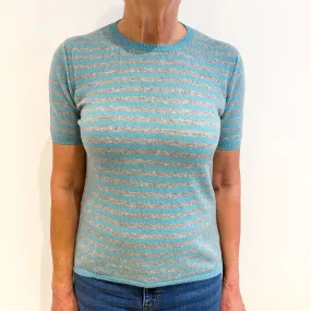 Aqua Grey Stripe Cashmere Short Sleeve Crew Neck Jumper Medium
