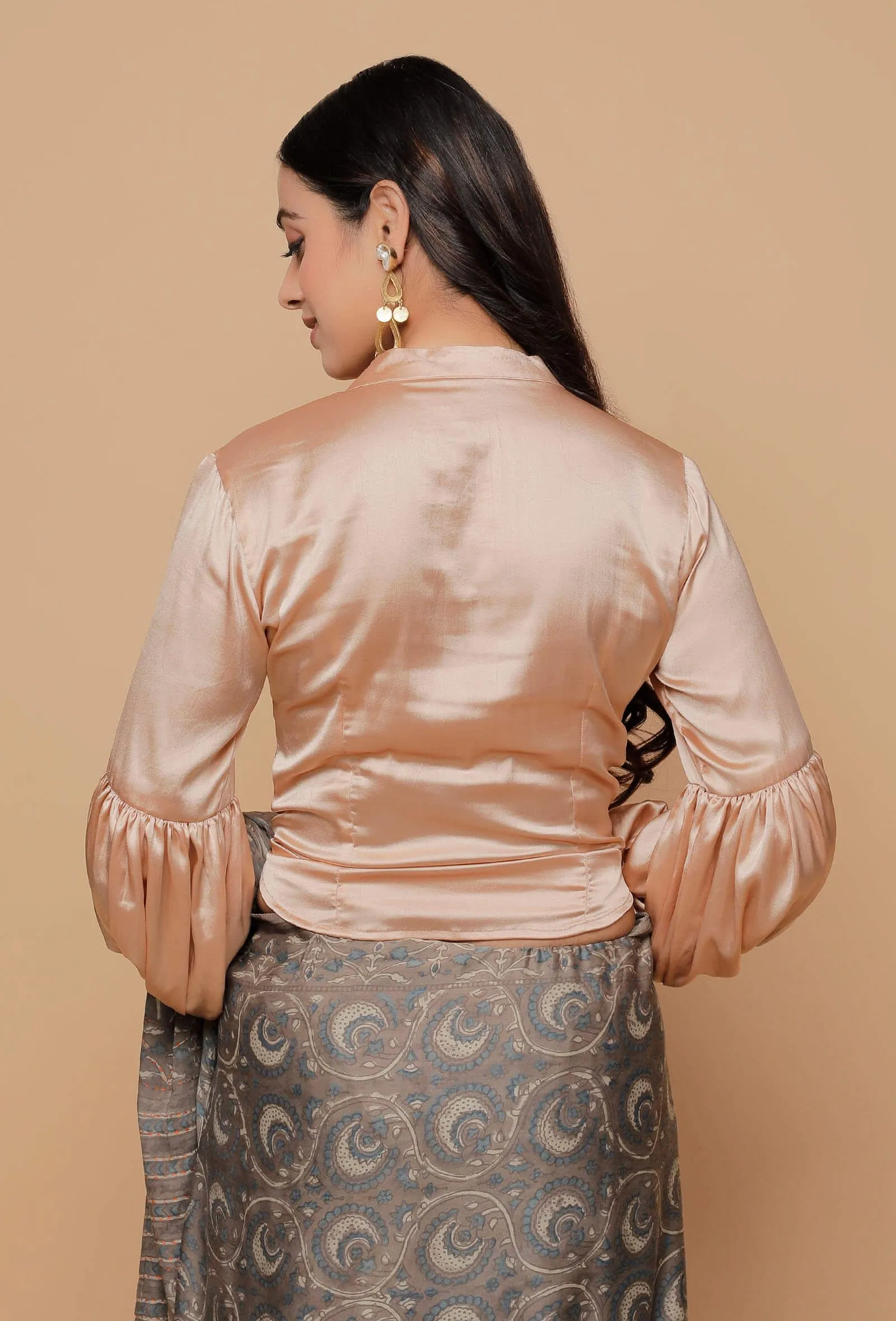 Beige Organza Silk Sheer Puffed Sleeve Blouse