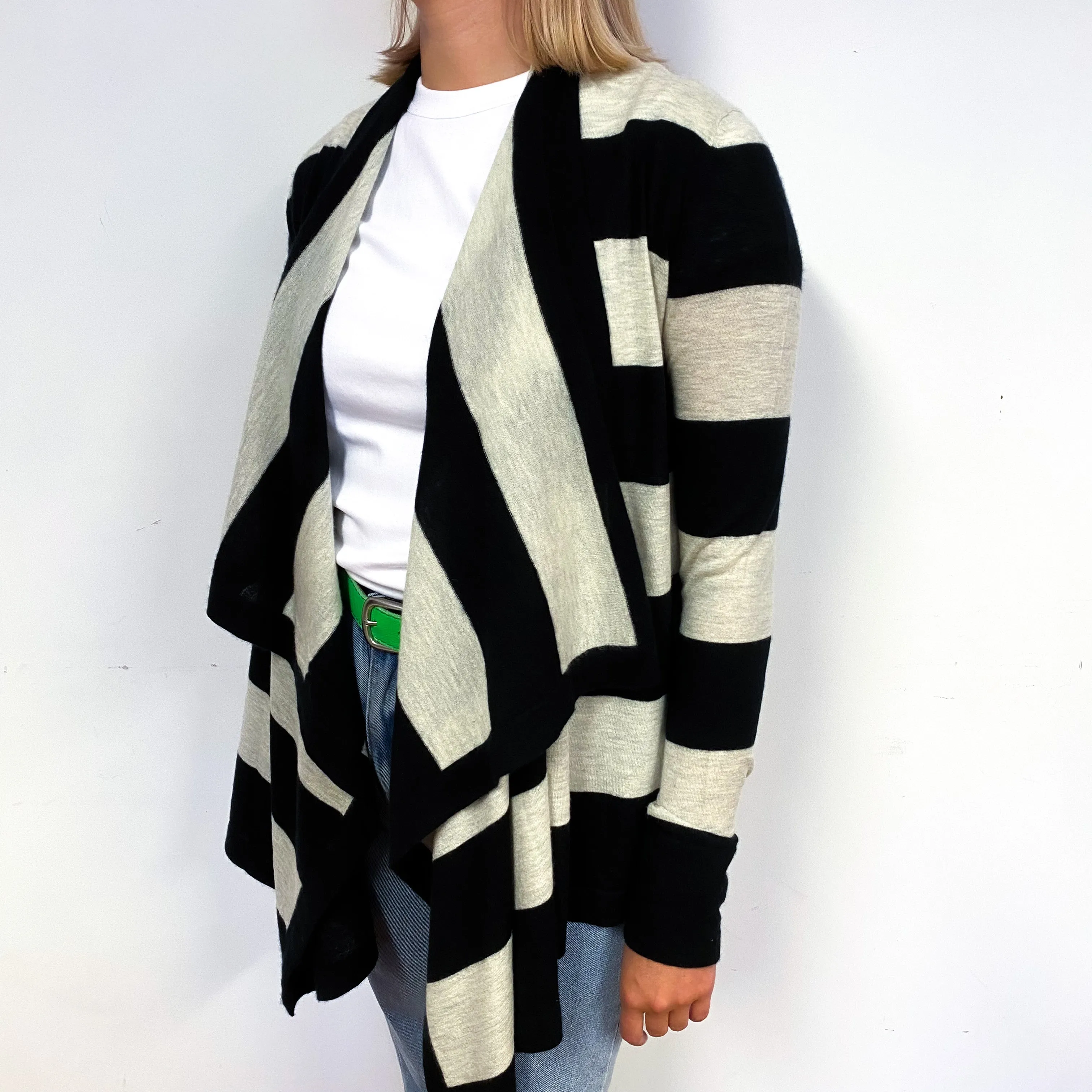 Black Grey Stripe Fine Knit Cashmere Waterfall Cardigan Small