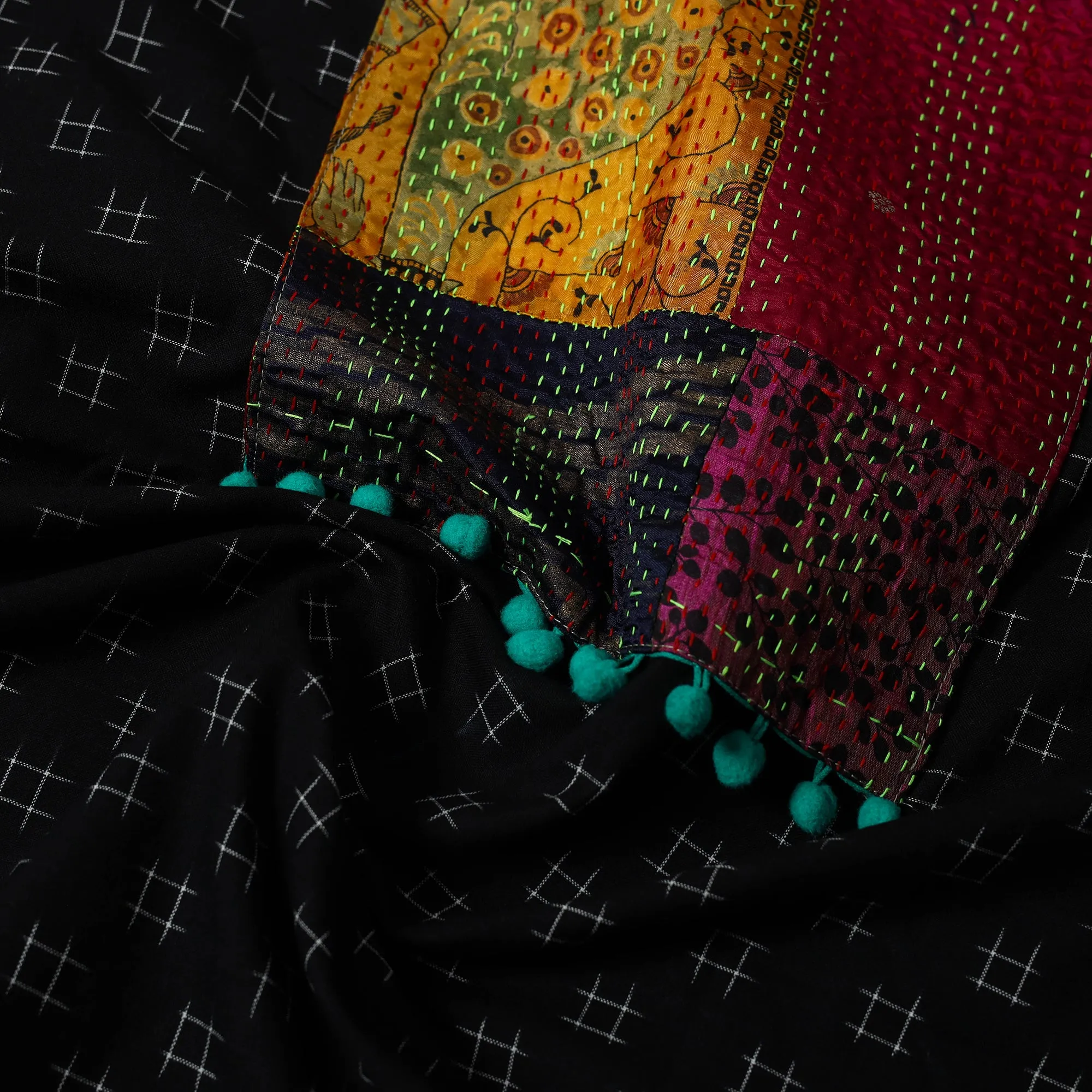 Black - Ikat Cotton Kurta Material with Patchwork (3m) 02