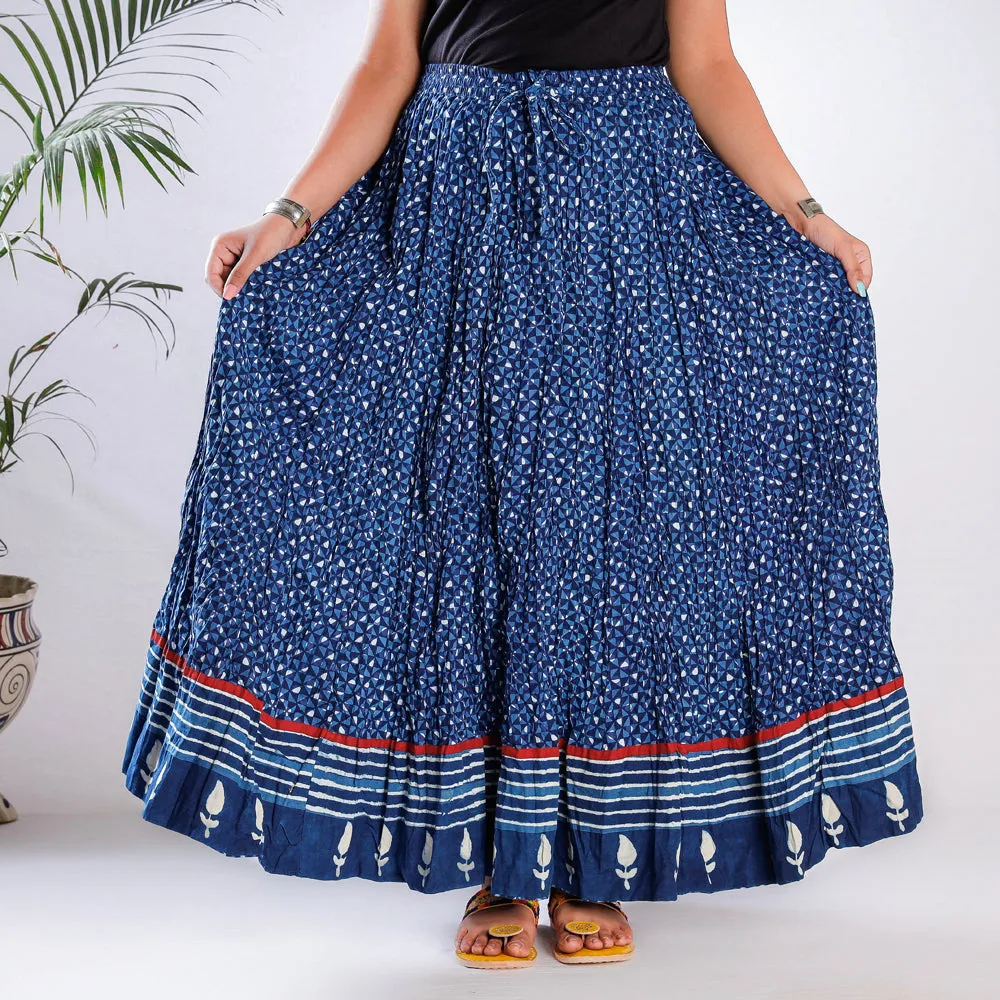 Blue - Kusumlata Indigo Block Print Cotton Crinkle Long Skirt