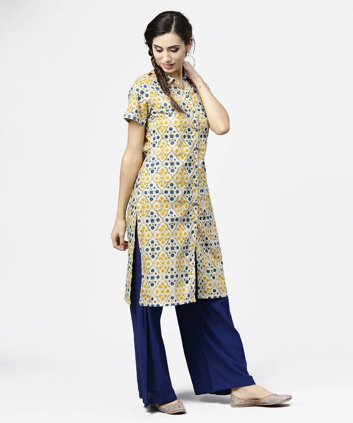 Blue Short Sleeve Cotton Kurta