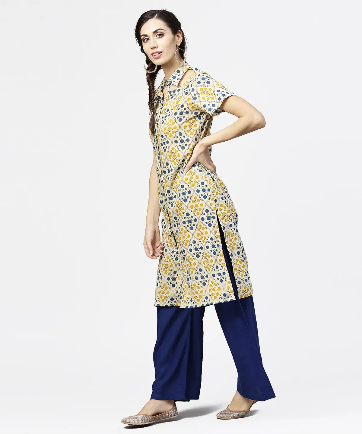 Blue Short Sleeve Cotton Kurta