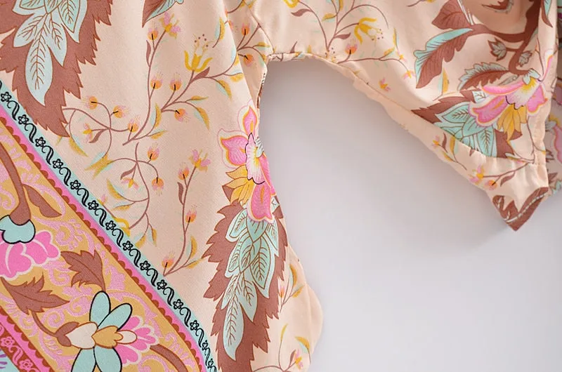 Boho Vintage Floral Print Short Kimono Wrap Tops