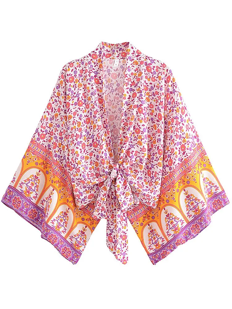 Boho Vintage Floral Print Short Kimono Wrap Tops