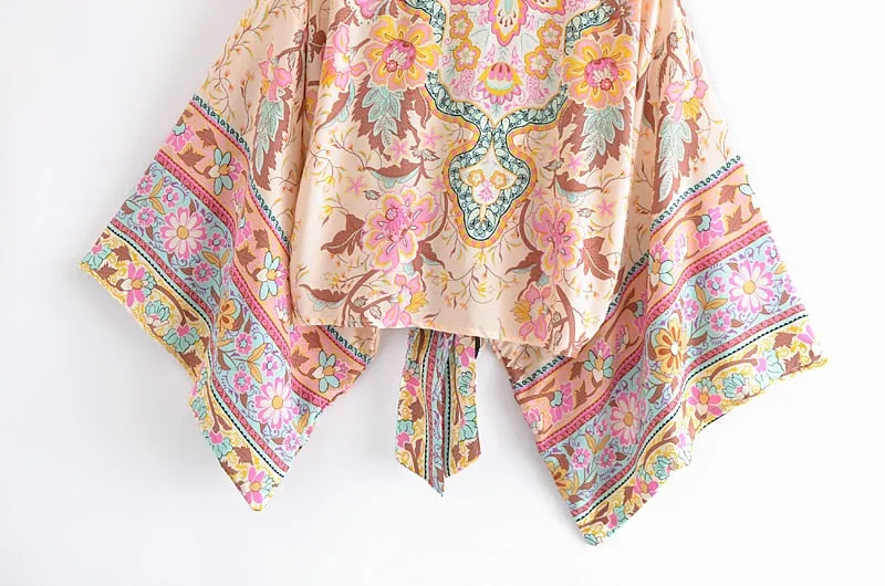 Boho Vintage Floral Print Short Kimono Wrap Tops