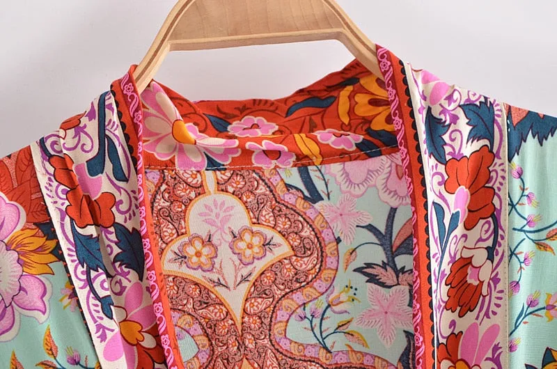 Boho Vintage Floral Print Short Kimono Wrap Tops