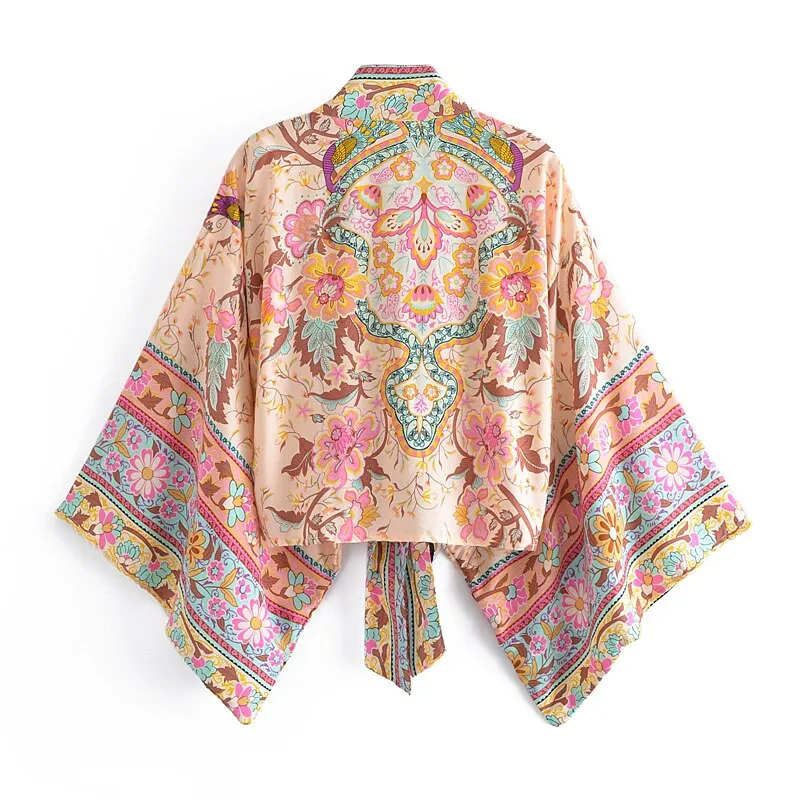Boho Vintage Floral Print Short Kimono Wrap Tops