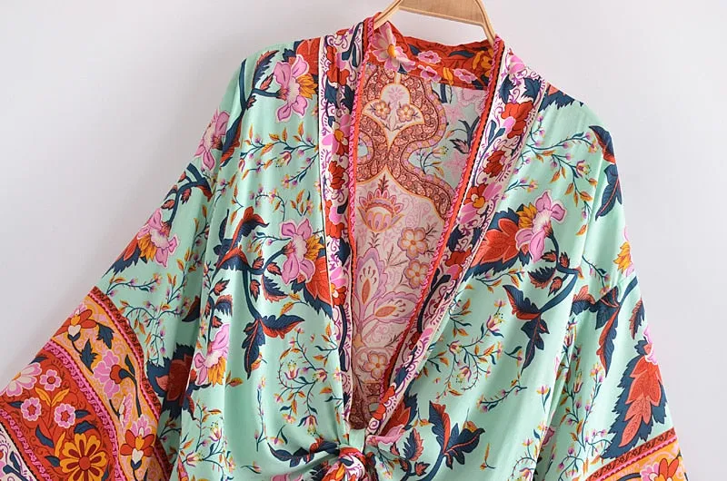 Boho Vintage Floral Print Short Kimono Wrap Tops