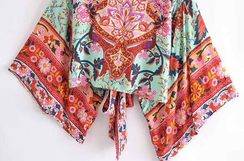 Boho Vintage Floral Print Short Kimono Wrap Tops