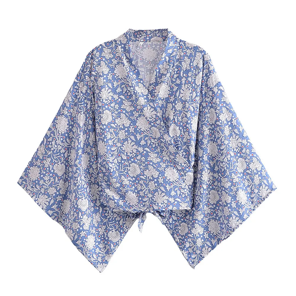 Boho Vintage Floral Print Short Kimono Wrap Tops