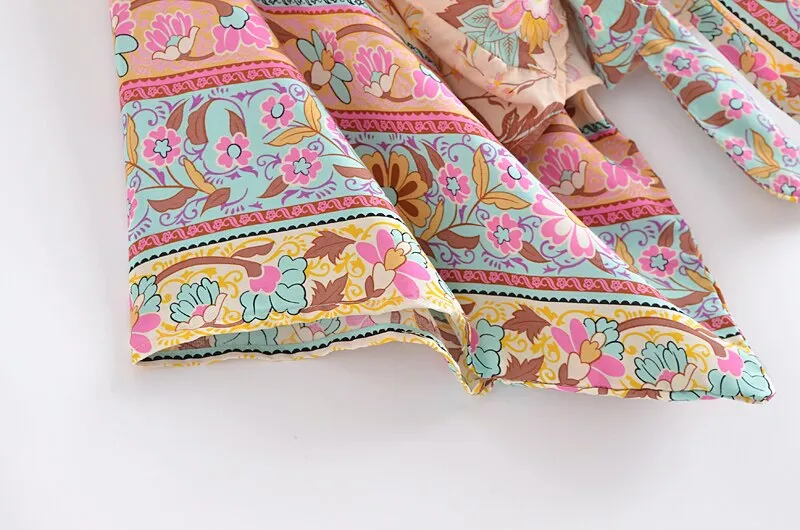 Boho Vintage Floral Print Short Kimono Wrap Tops