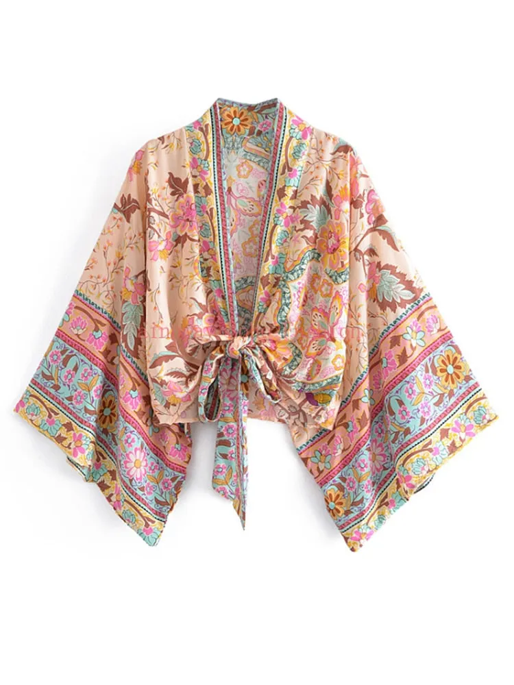 Boho Vintage Floral Print Short Kimono Wrap Tops
