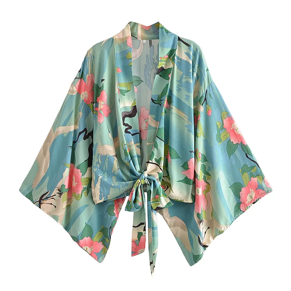 Boho Vintage Floral Print Short Kimono Wrap Tops