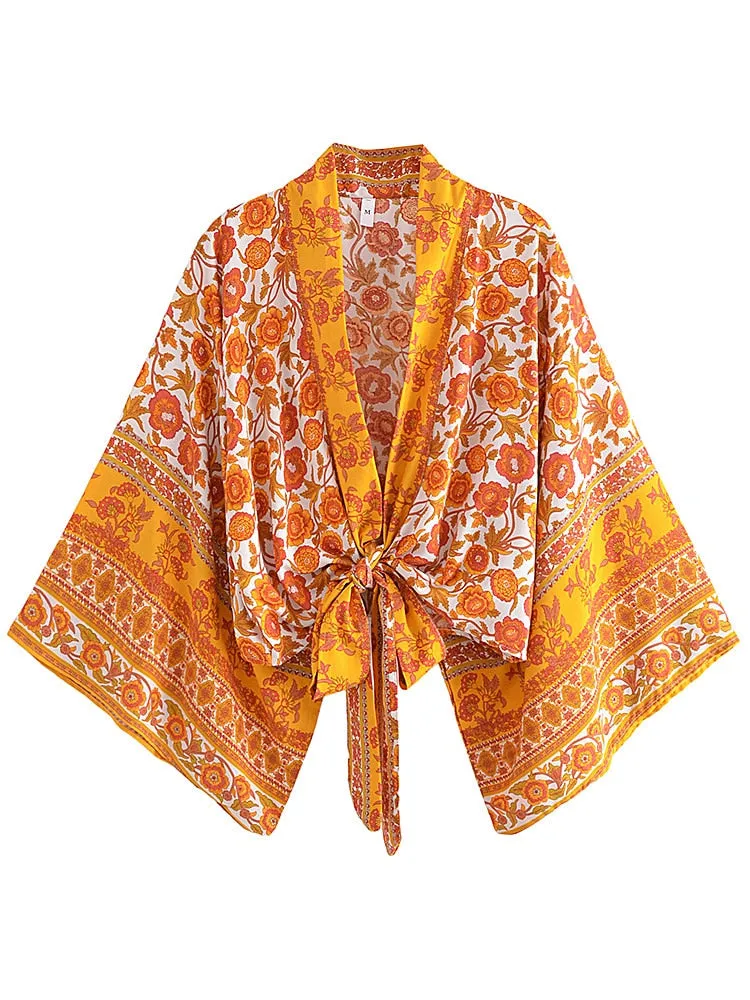 Boho Vintage Floral Print Short Kimono Wrap Tops