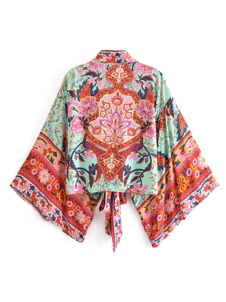 Boho Vintage Floral Print Short Kimono Wrap Tops