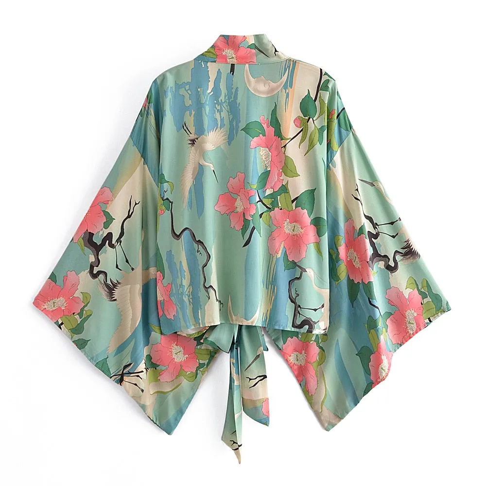 Boho Vintage Floral Print Short Kimono Wrap Tops