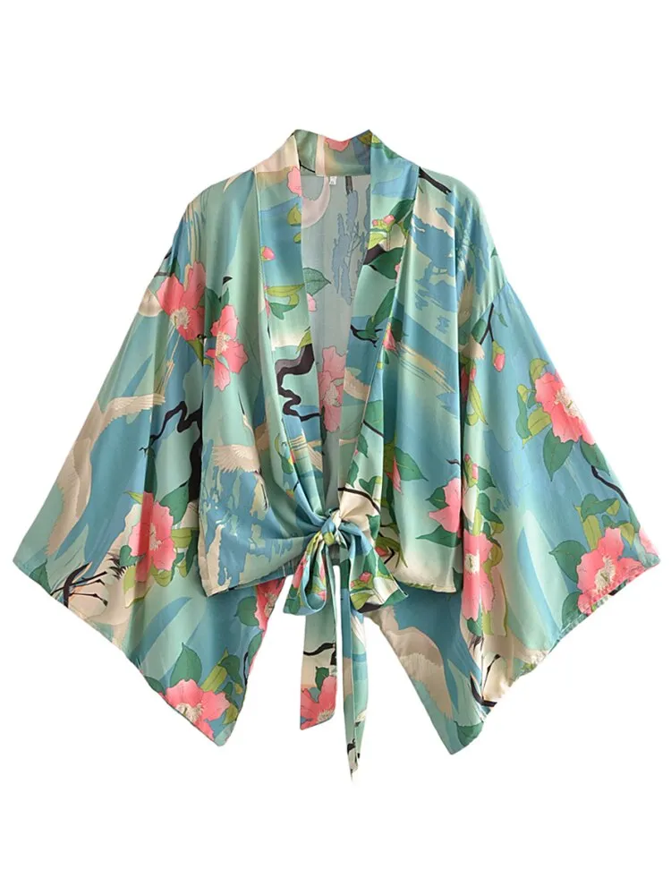 Boho Vintage Floral Print Short Kimono Wrap Tops
