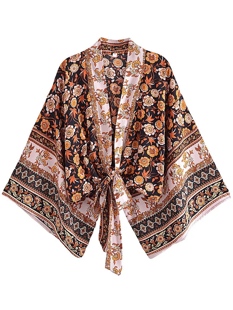 Boho Vintage Floral Print Short Kimono Wrap Tops