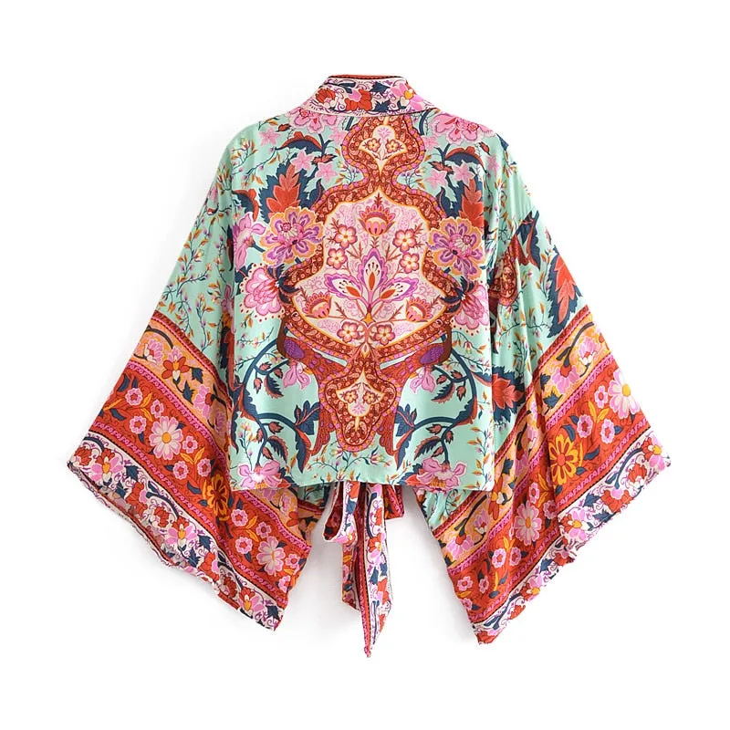 Boho Vintage Floral Print Short Kimono Wrap Tops