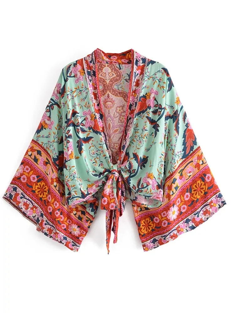 Boho Vintage Floral Print Short Kimono Wrap Tops