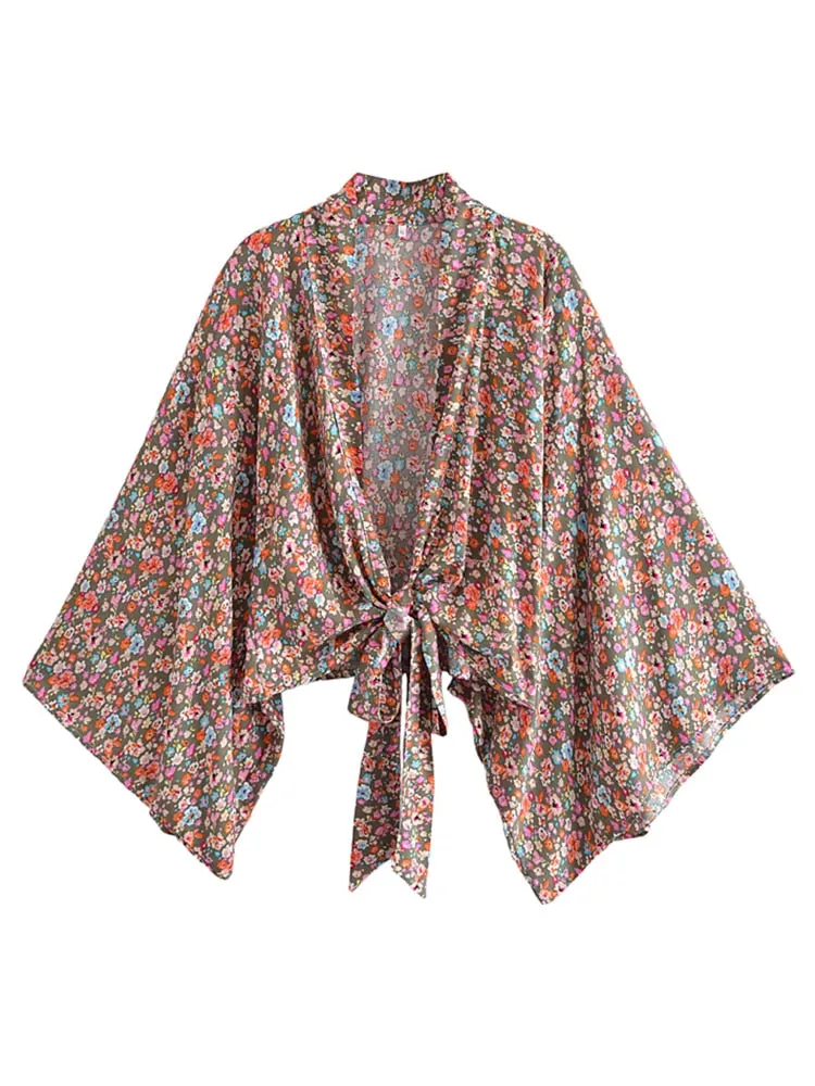 Boho Vintage Floral Print Short Kimono Wrap Tops