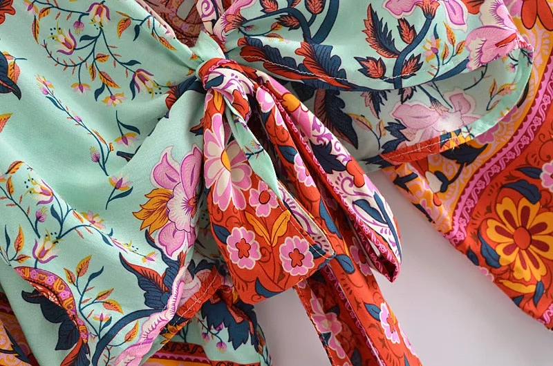 Boho Vintage Floral Print Short Kimono Wrap Tops