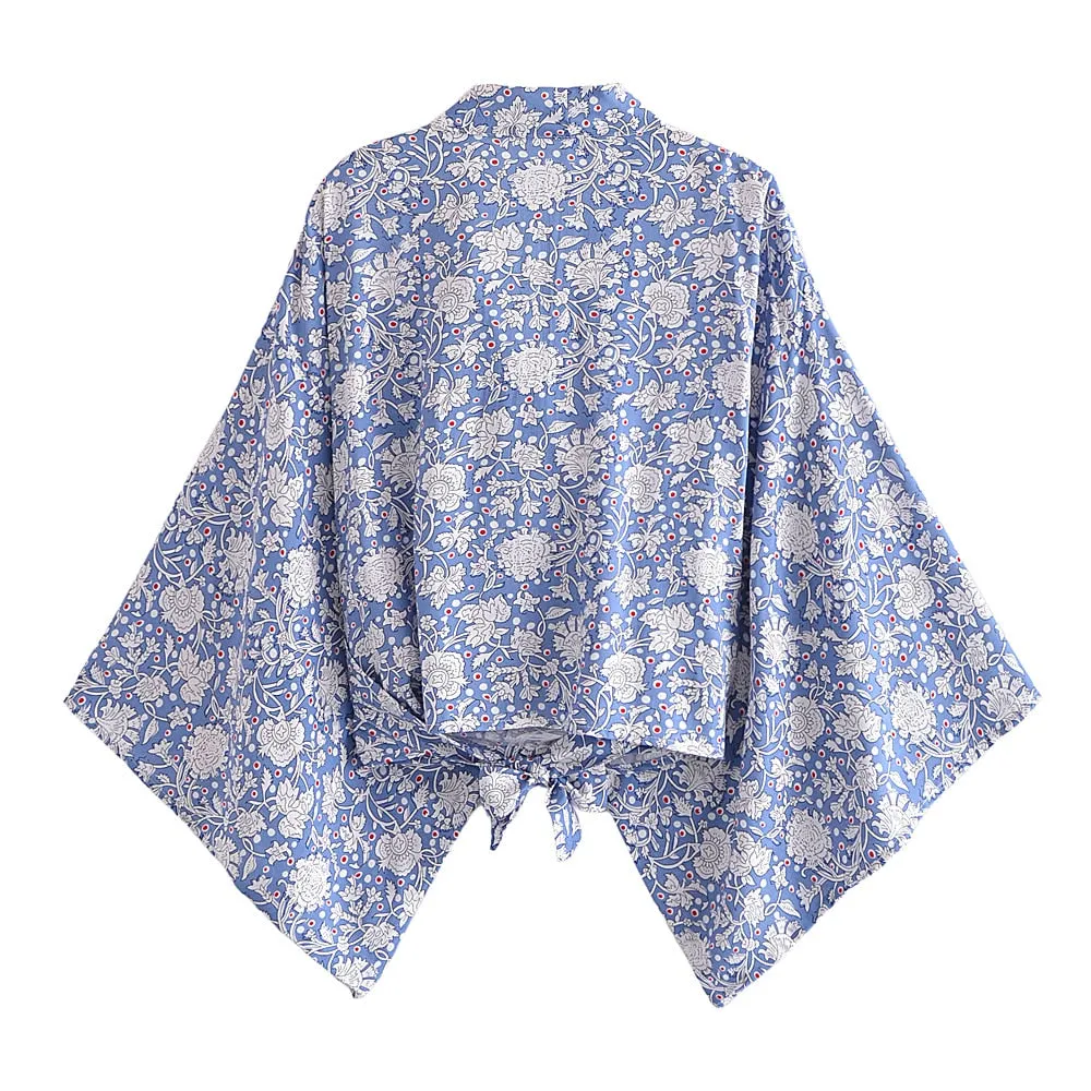 Boho Vintage Floral Print Short Kimono Wrap Tops