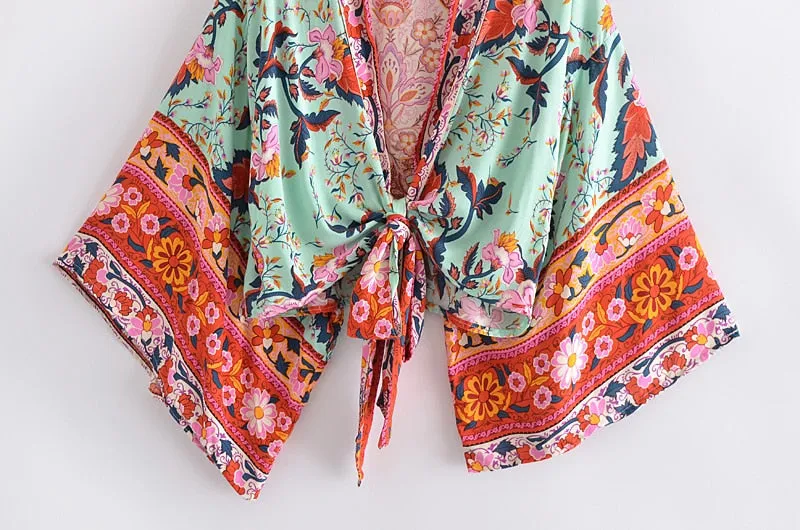 Boho Vintage Floral Print Short Kimono Wrap Tops
