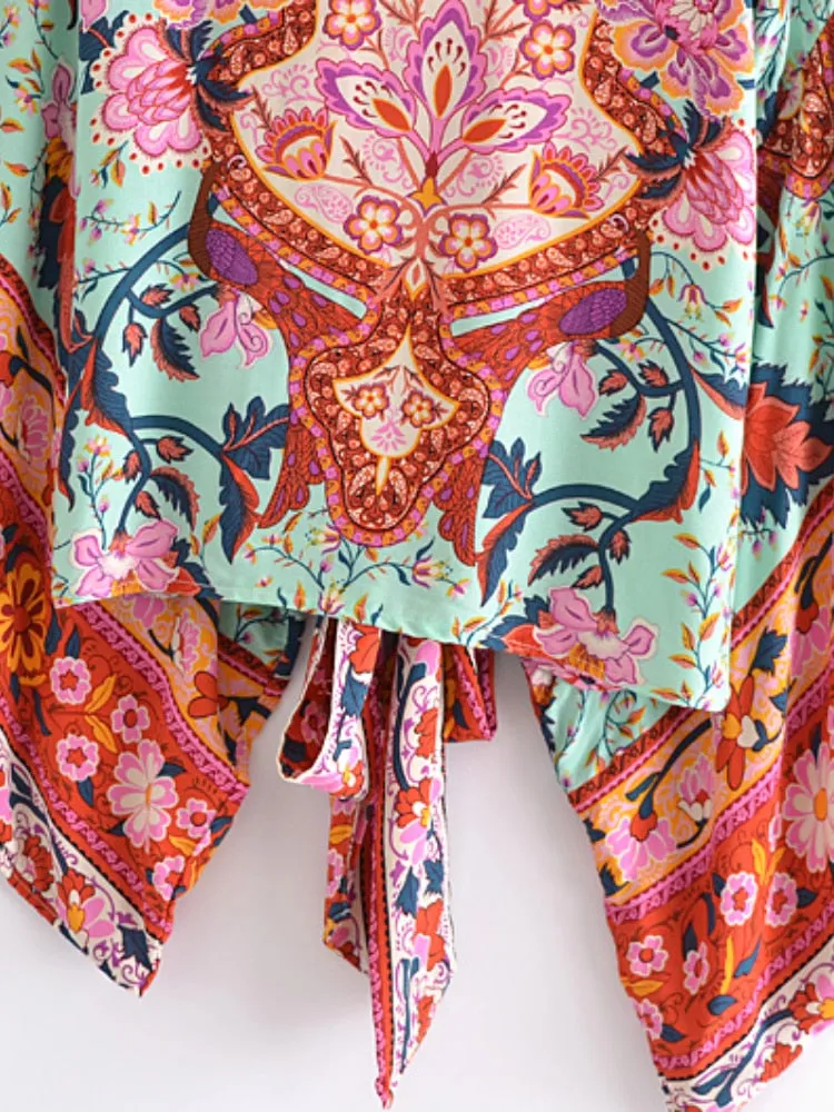 Boho Vintage Floral Print Short Kimono Wrap Tops