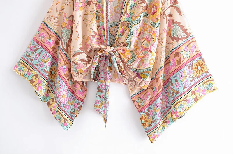 Boho Vintage Floral Print Short Kimono Wrap Tops
