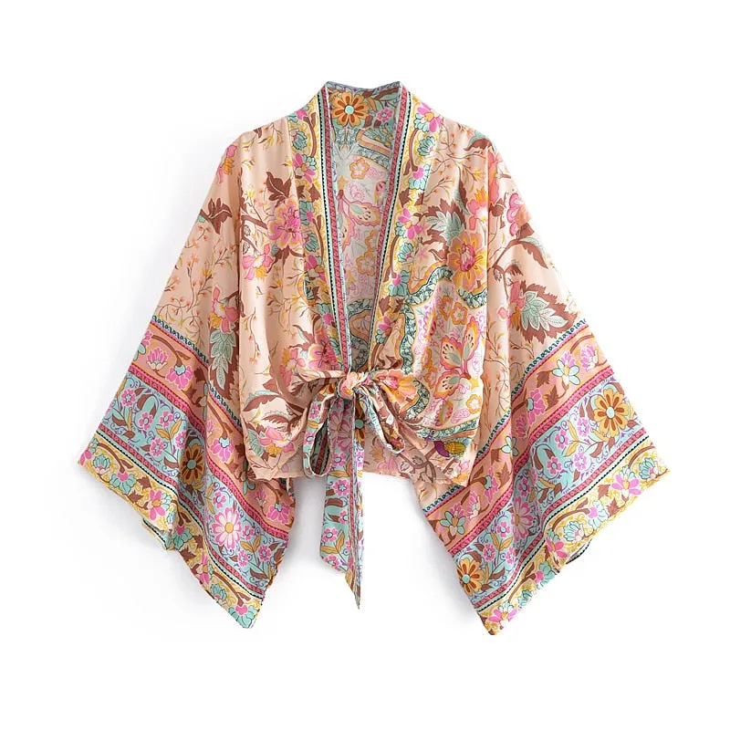 Boho Vintage Floral Print Short Kimono Wrap Tops