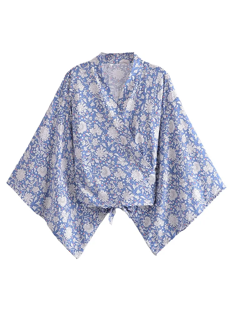 Boho Vintage Floral Print Short Kimono Wrap Tops