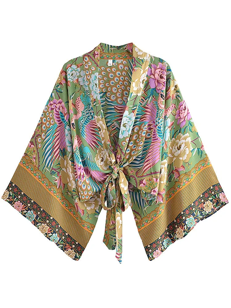 Boho Vintage Floral Print Short Kimono Wrap Tops