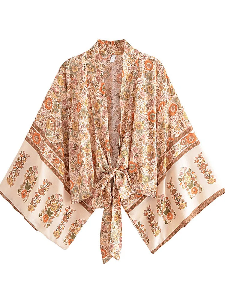 Boho Vintage Floral Print Short Kimono Wrap Tops