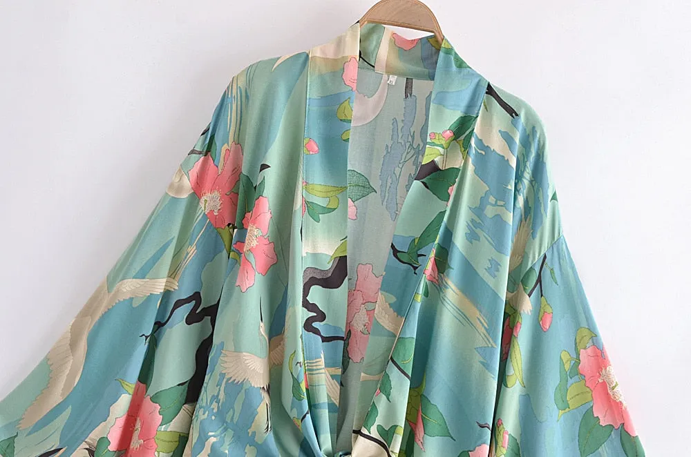 Boho Vintage Floral Print Short Kimono Wrap Tops