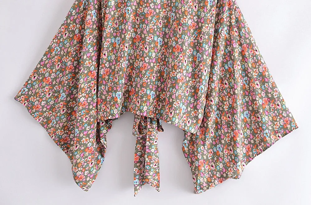 Boho Vintage Floral Print Short Kimono Wrap Tops