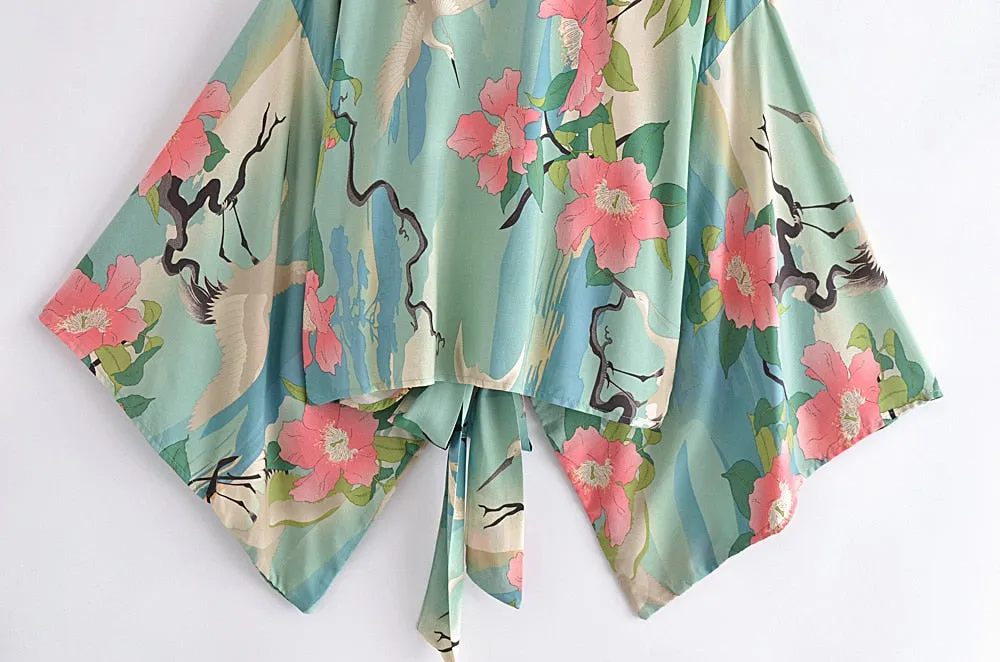 Boho Vintage Floral Print Short Kimono Wrap Tops