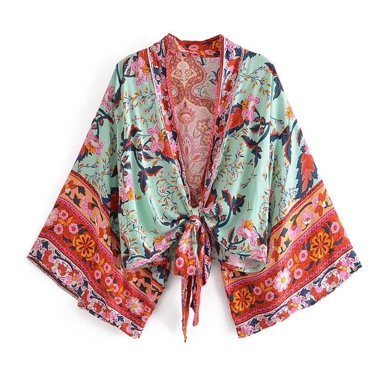 Boho Vintage Floral Print Short Kimono Wrap Tops