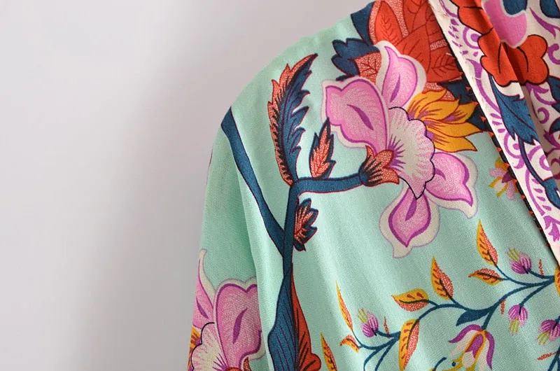 Boho Vintage Floral Print Short Kimono Wrap Tops